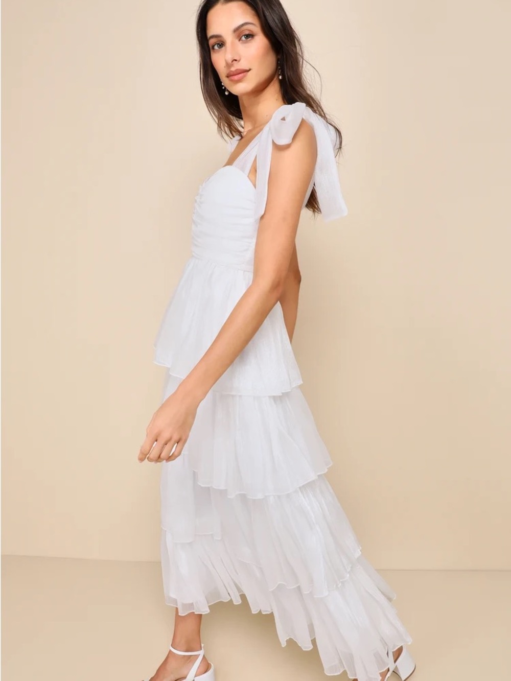 Lulus White Tiered Midi Dress with Bow Shoulder Straps - Picture 2 of 4